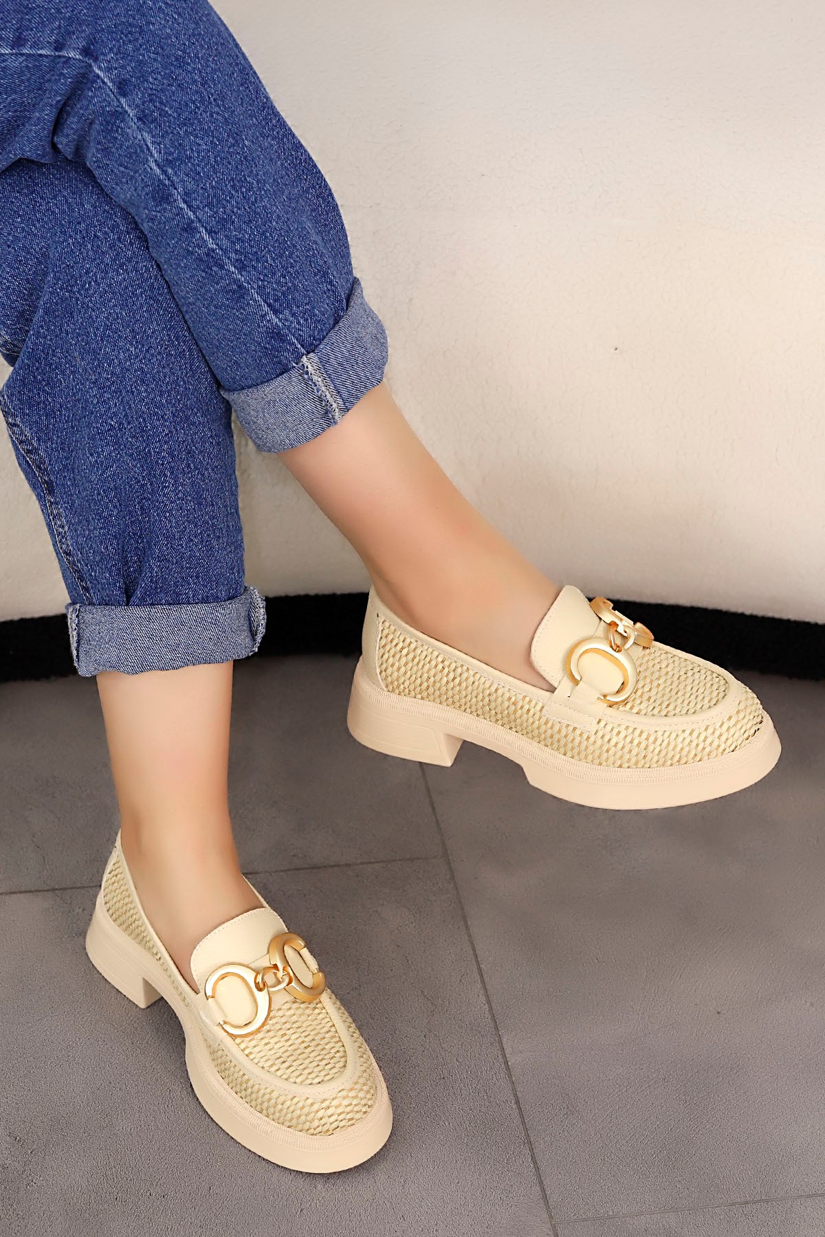 MY 1007 Gold Toka Detaylı Loafer - BEJ HASIR