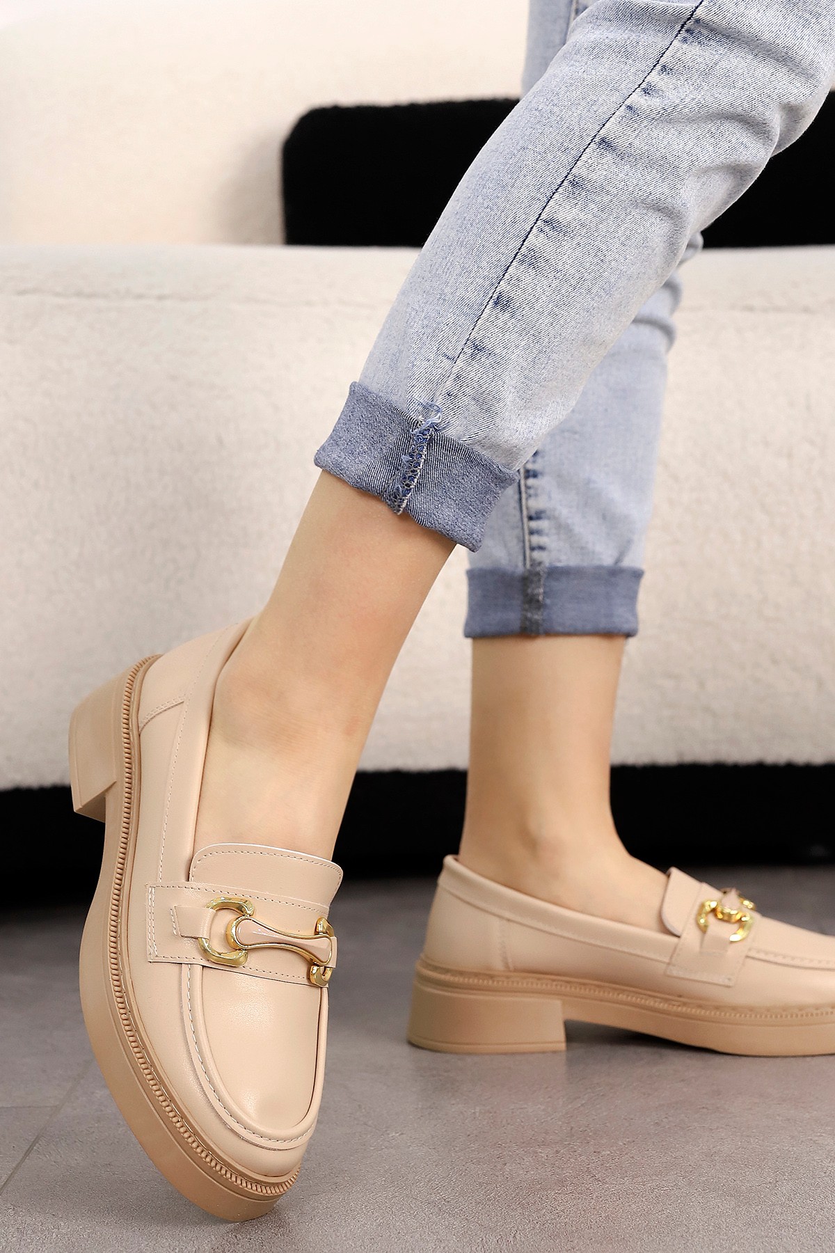 HR 030 Toka Detaylı Loafer - NUDE-DERİ