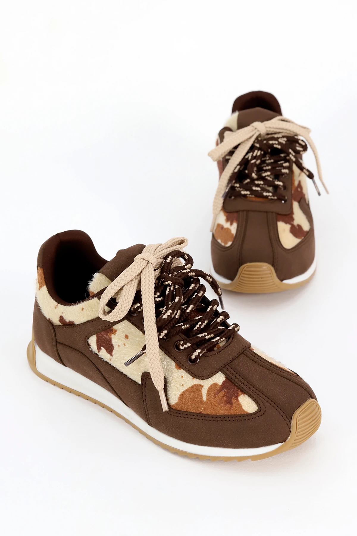 PRNS 188 Bağcıklı Baskı Detaylı Spor Aykkabı - KAHVE