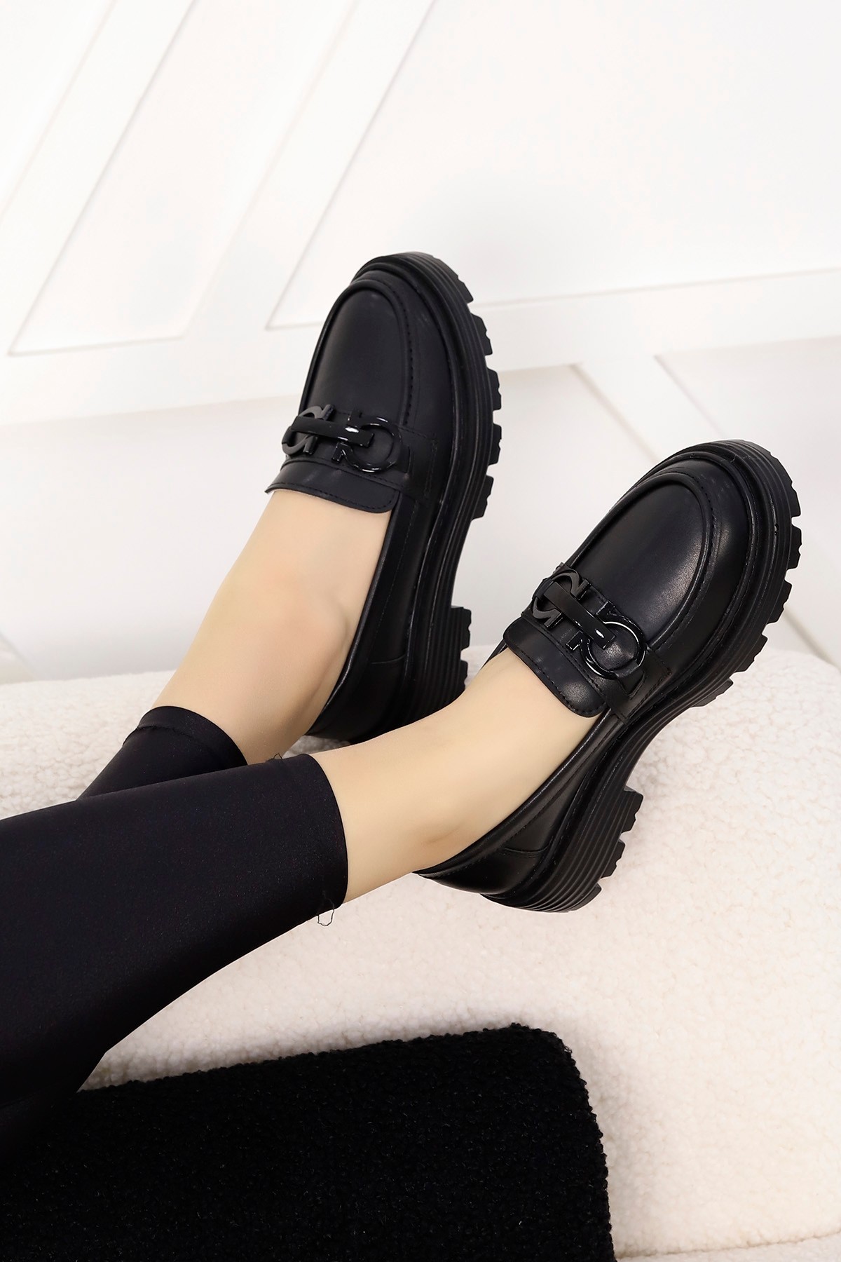 HR 029 Toka Detaylı Loafer - SİYAH-DERİ