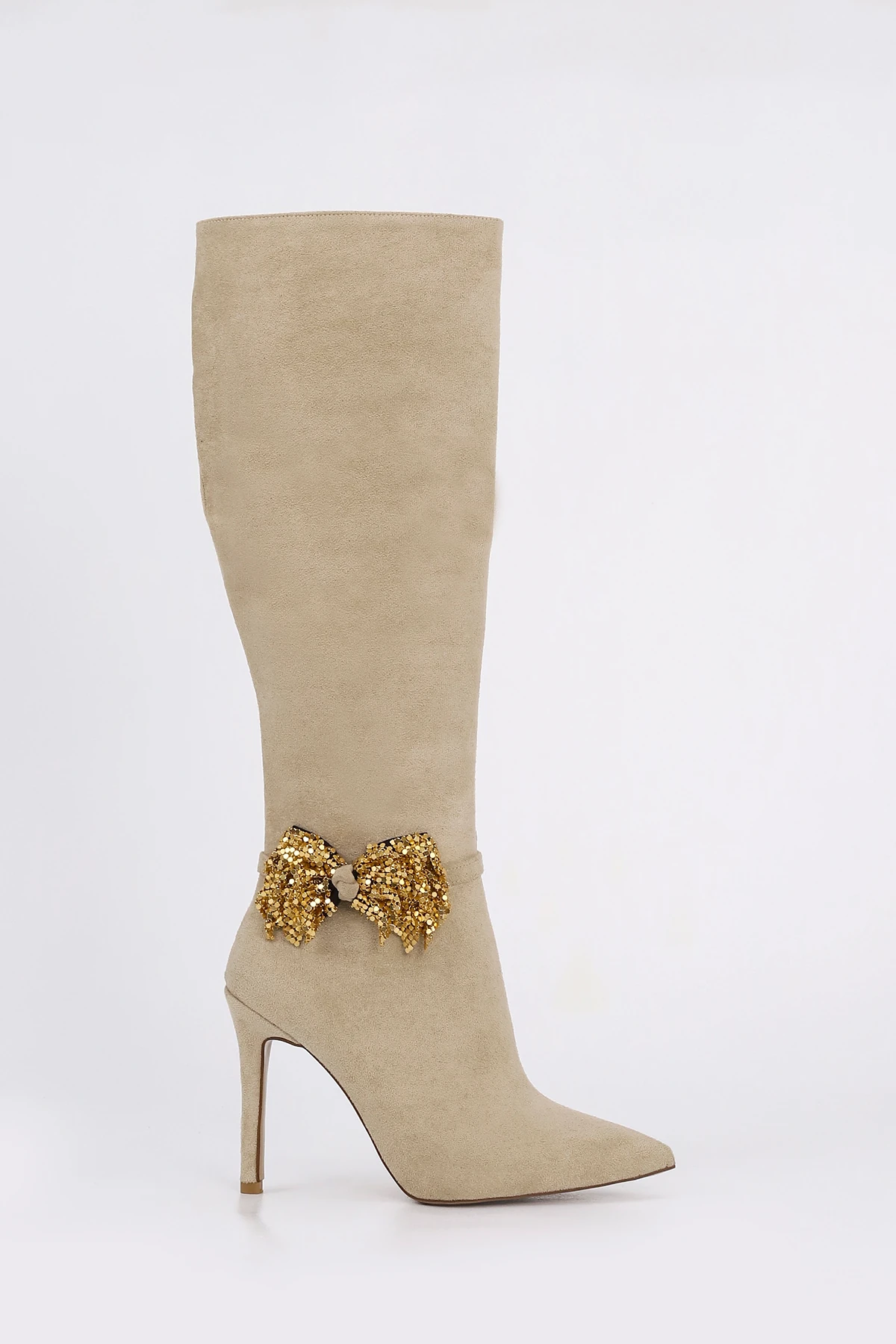 RSD 1200 Fiyonk Metal Toka Detaylı Diz Altı Çizme - BEJ SÜET