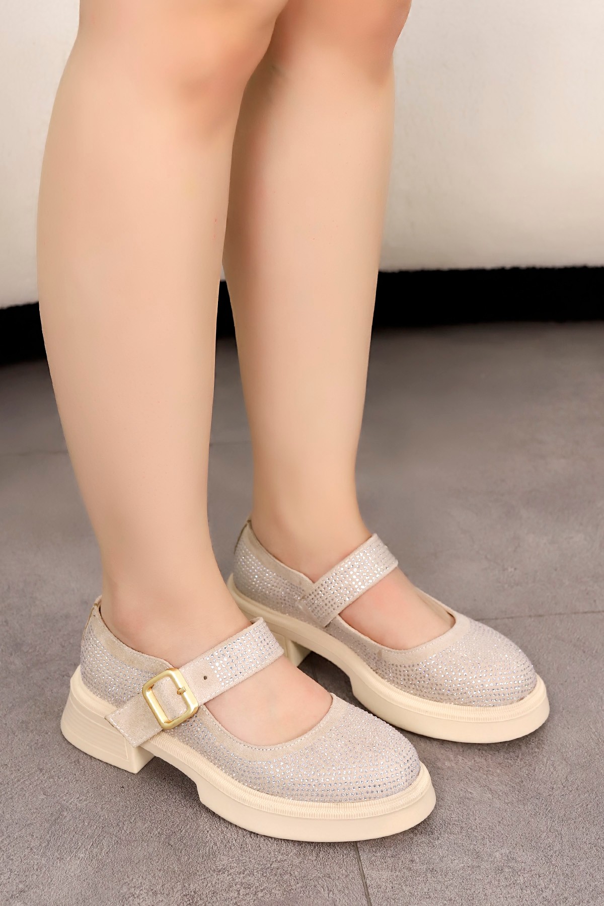 MY 1022 Kalın Tabanlı Taşlı Loafer - BEJ