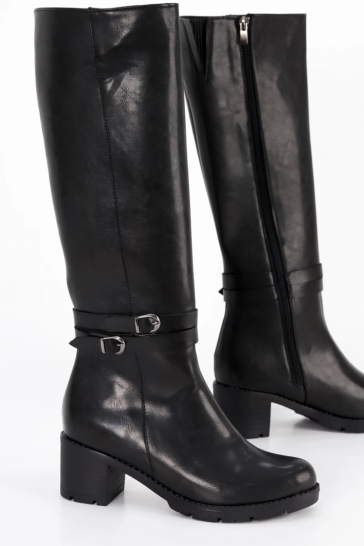 BLN 746 Çift Toka Detaylı Diz Altı Çizme - SİYAH-DERİ