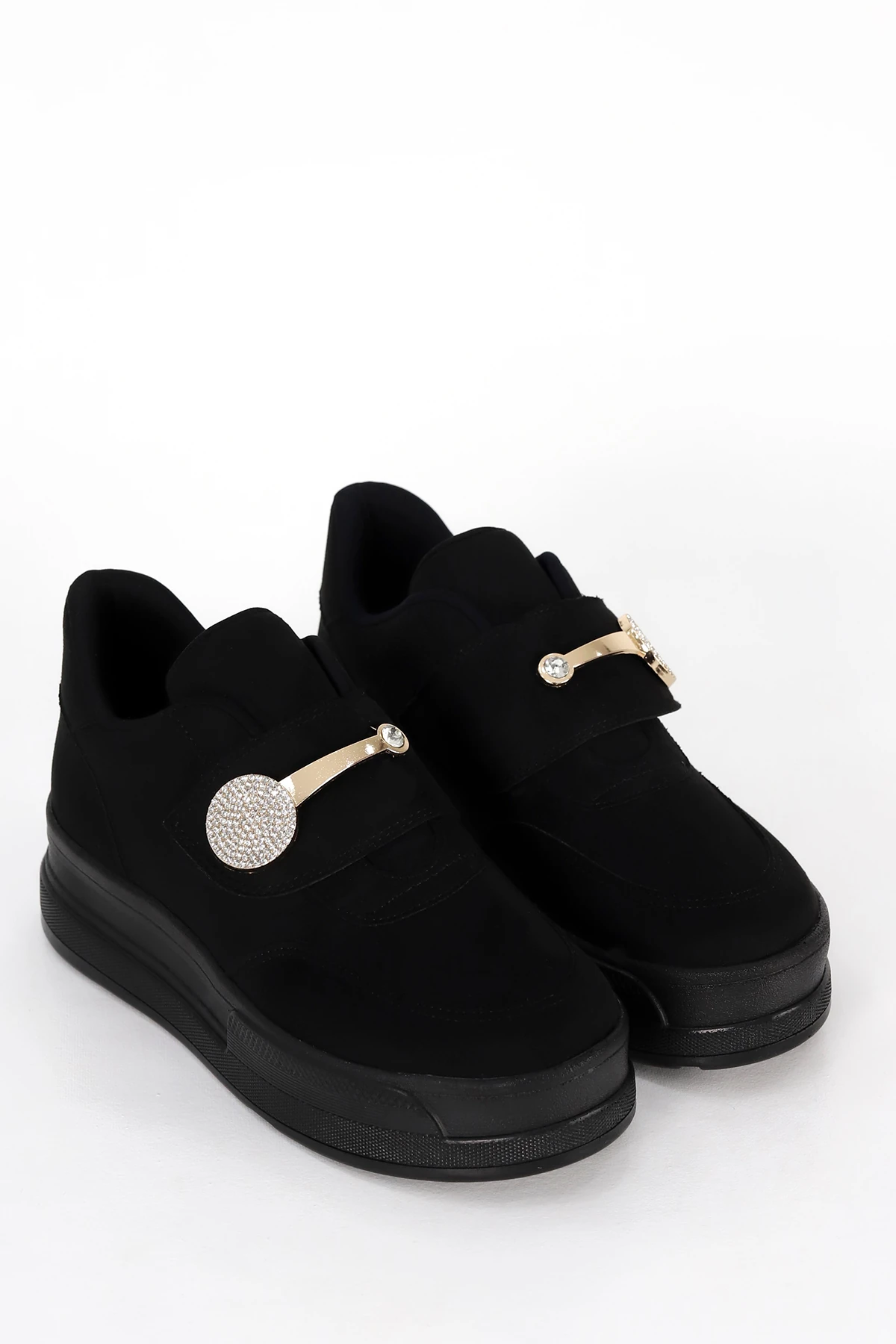 MDL 1477 Gold Metal Taş Toka Detaylı Spor Ayakkabı - SİYAH SUET