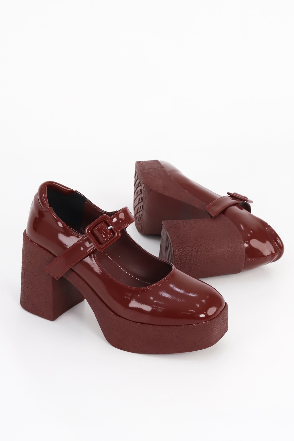SM 3262 Kemerli Yüksek Topuklu Loafer - BORDO RUGAN
