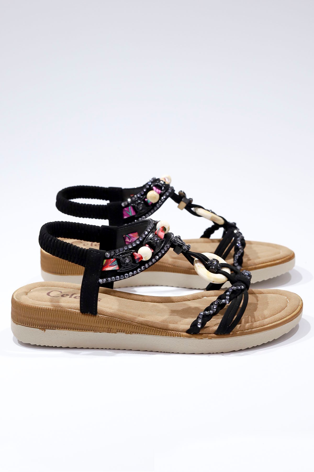 CLN 8007 Boncuk Detaylı Sandalet - SİYAH