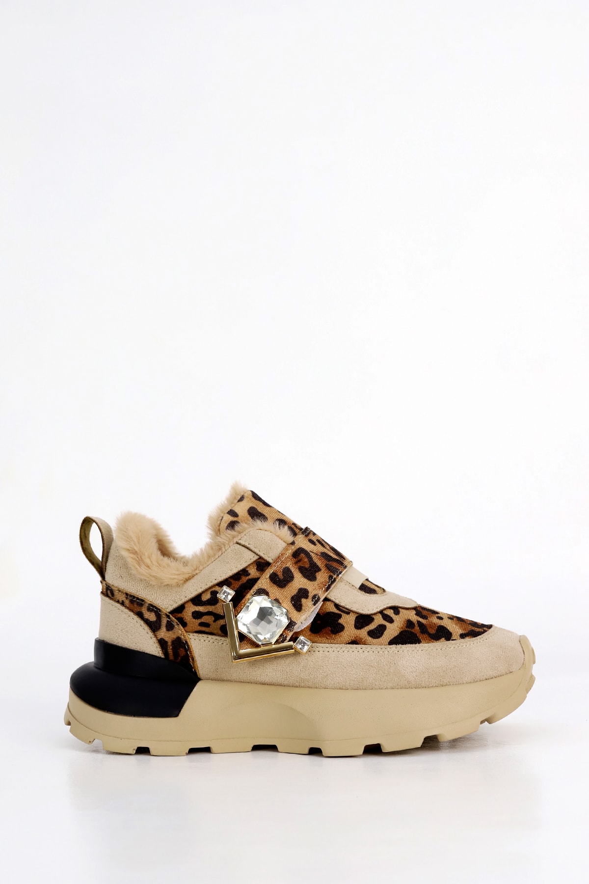 PRNS 181 Taş Detay Leopar Desen Tabanlı Spor Ayakkabı - BEJ LEOPAR