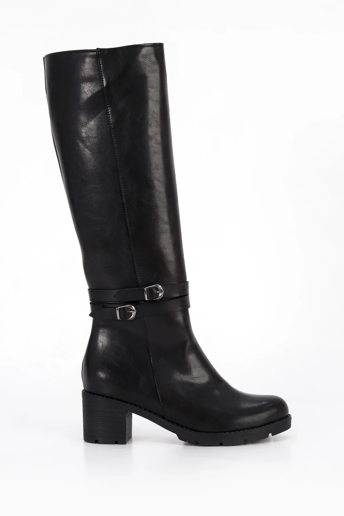 BLN 746 Çift Toka Detaylı Diz Altı Çizme - SİYAH-DERİ