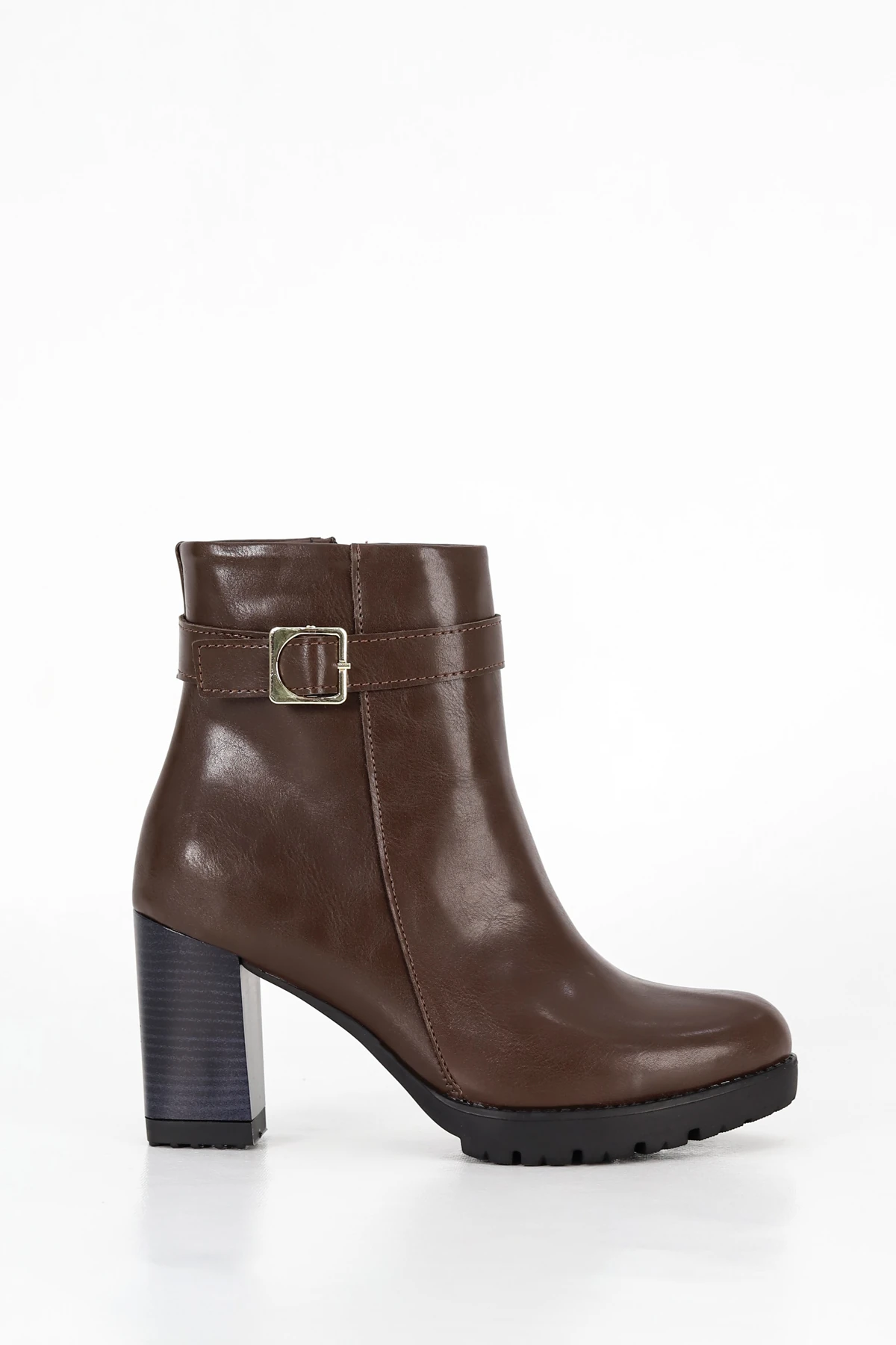 BLN ST535 Kemer Toka Detaylı Yüksek Topuklu Yarım Bot - KAHVE-DERİ