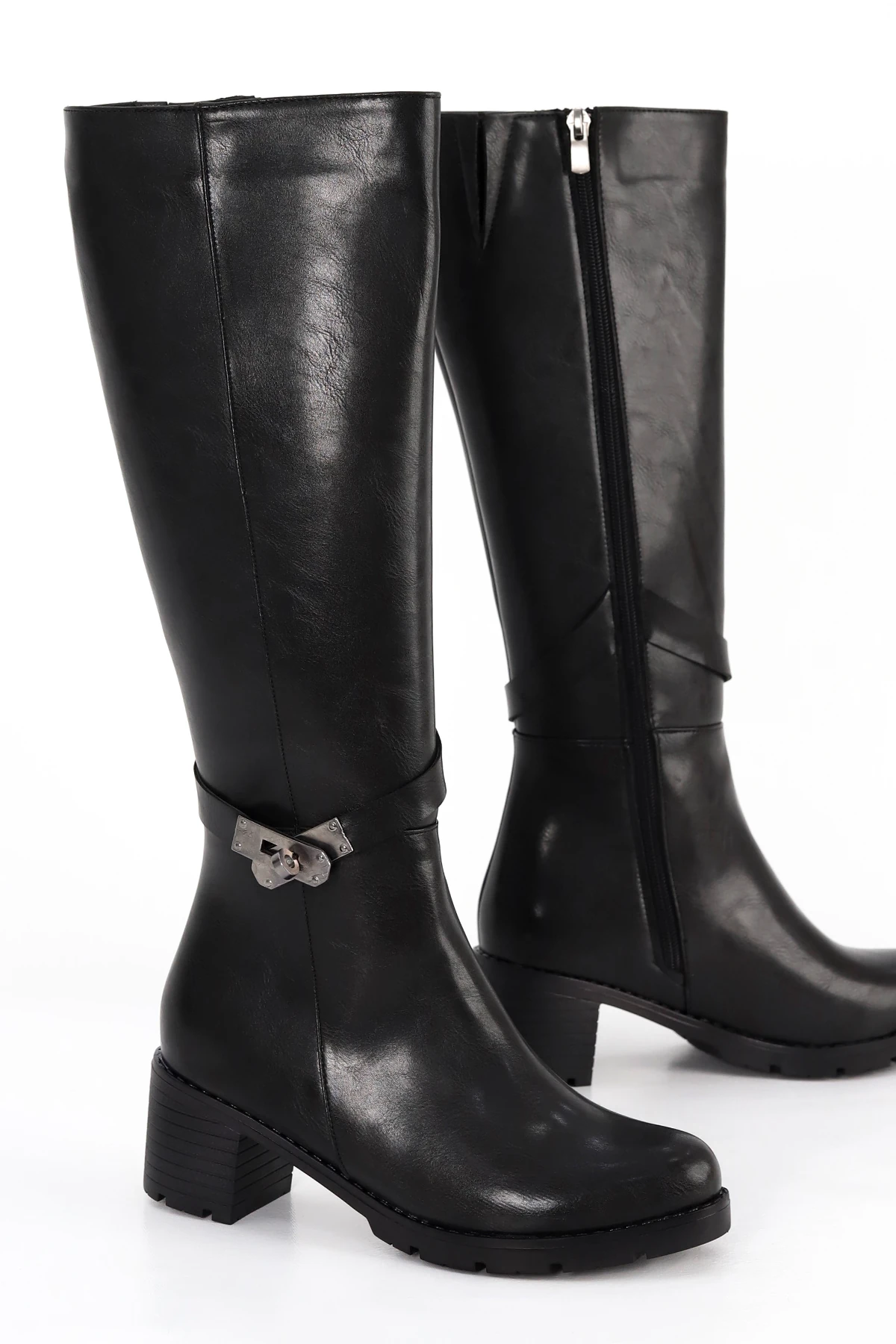 BLN 775 Metal Geç Tokalı Diz Altı Çizme - SİYAH-DERİ