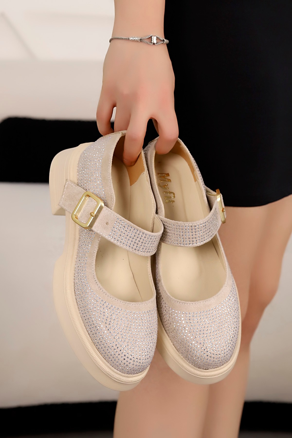 MY 1022 Kalın Tabanlı Taşlı Loafer - BEJ
