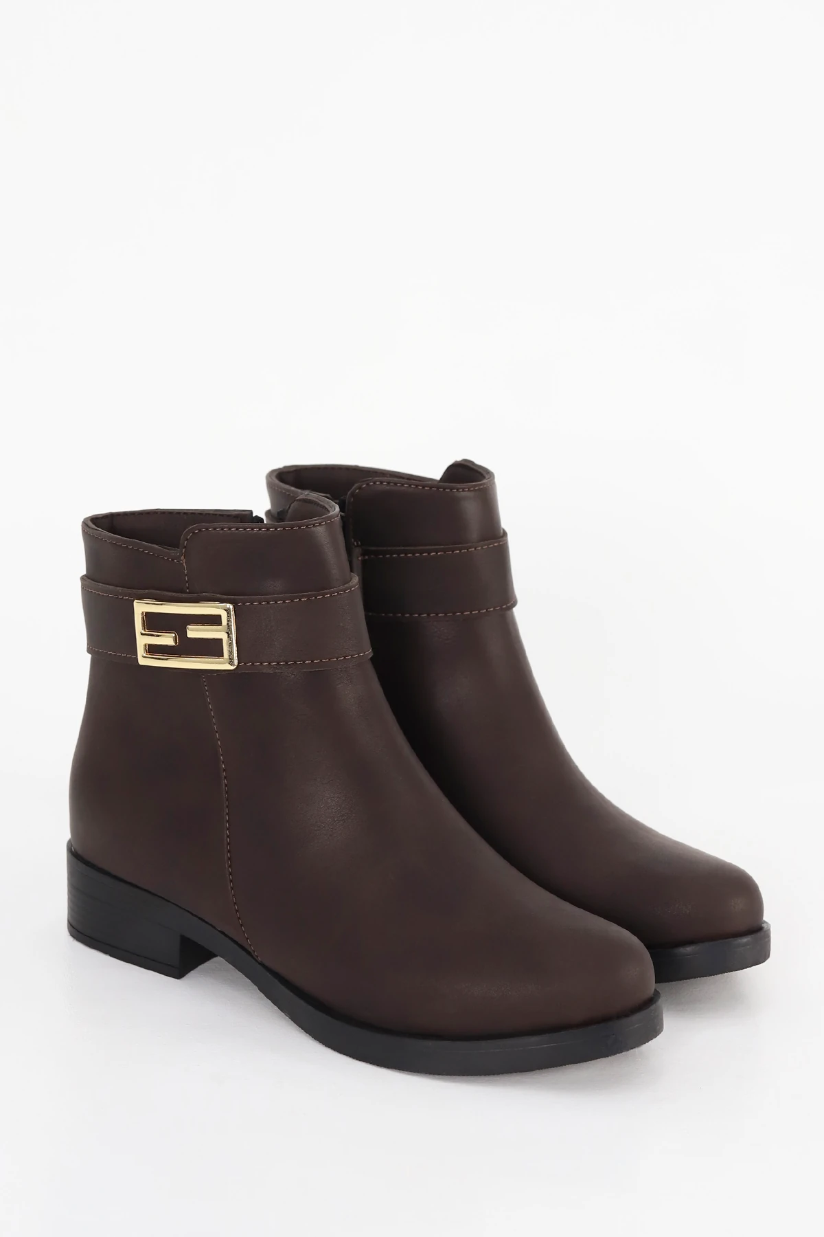 BLN ST440 Gold Metal Toka Detaylı Alçak Tabanlı Bot - KAHVE-DERİ