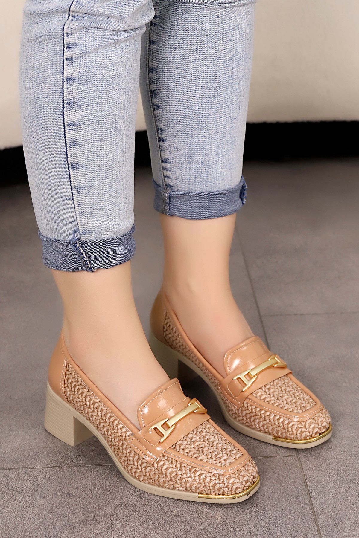 MY 407 Toka Detaylı Topuklu Loafer - NUDE HASIR