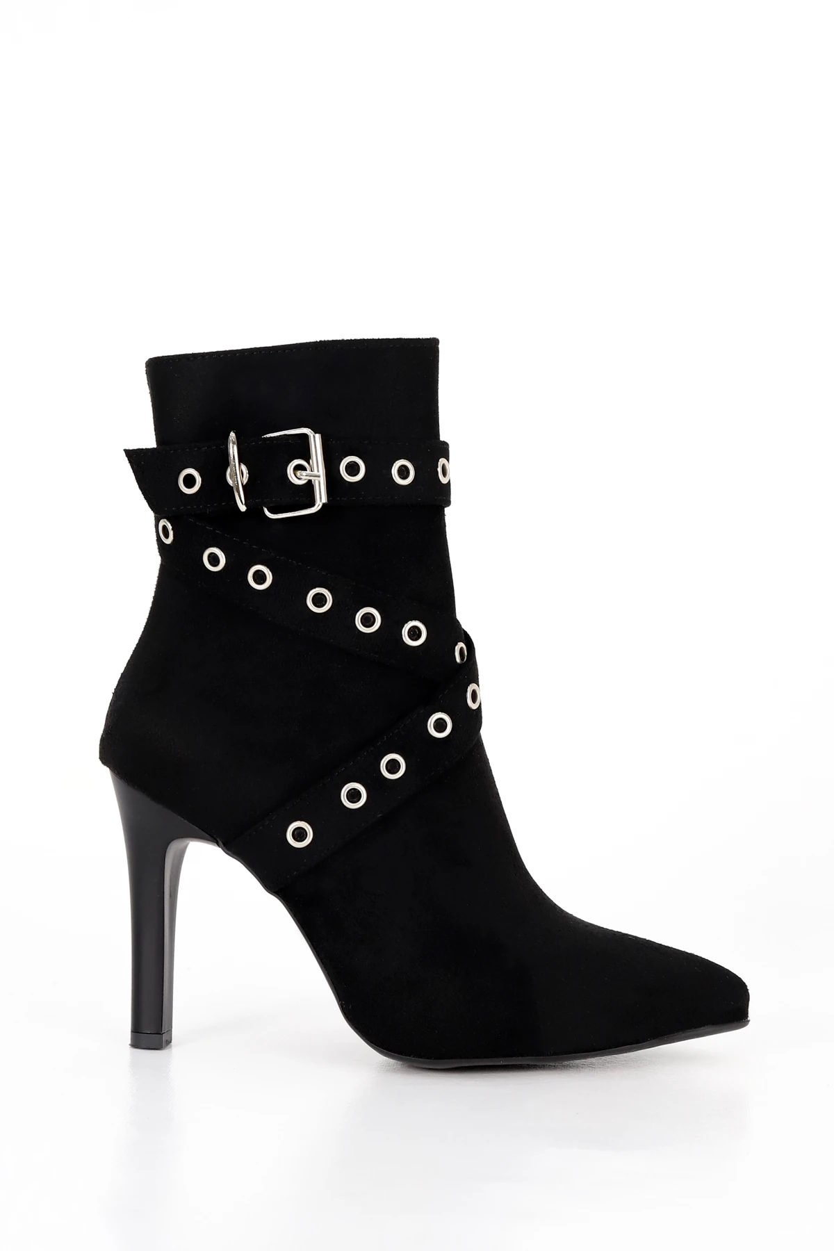 BLN 2401 Kemer Toka detaylı Yüksek Topuklu Yarım Bot - SİYAH SUET