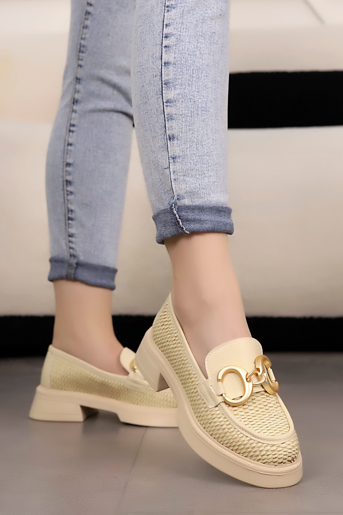 MY 1007 Gold Toka Detaylı Loafer - BEJ HASIR
