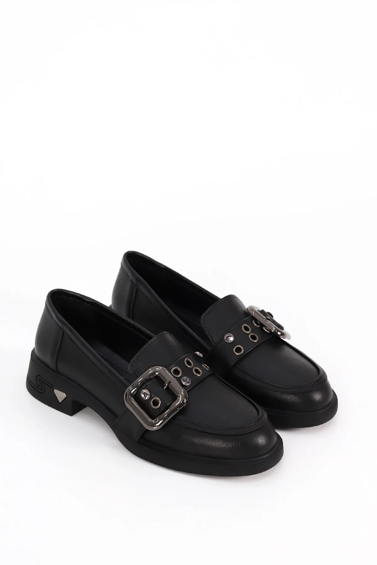 İNT 6004 Taş Toka Detaylı Loafer - SİYAH-DERİ