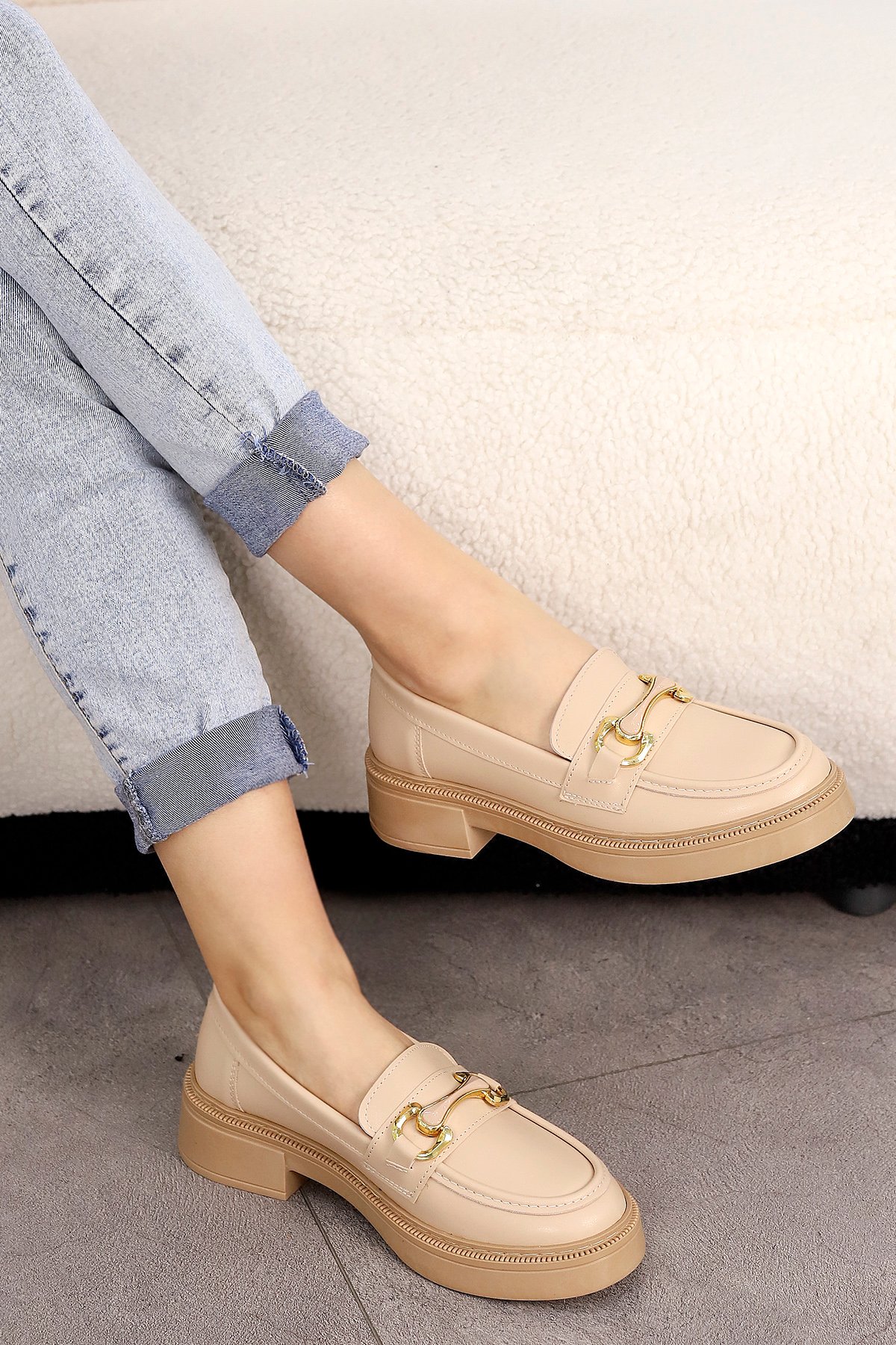 HR 030 Toka Detaylı Loafer - NUDE-DERİ