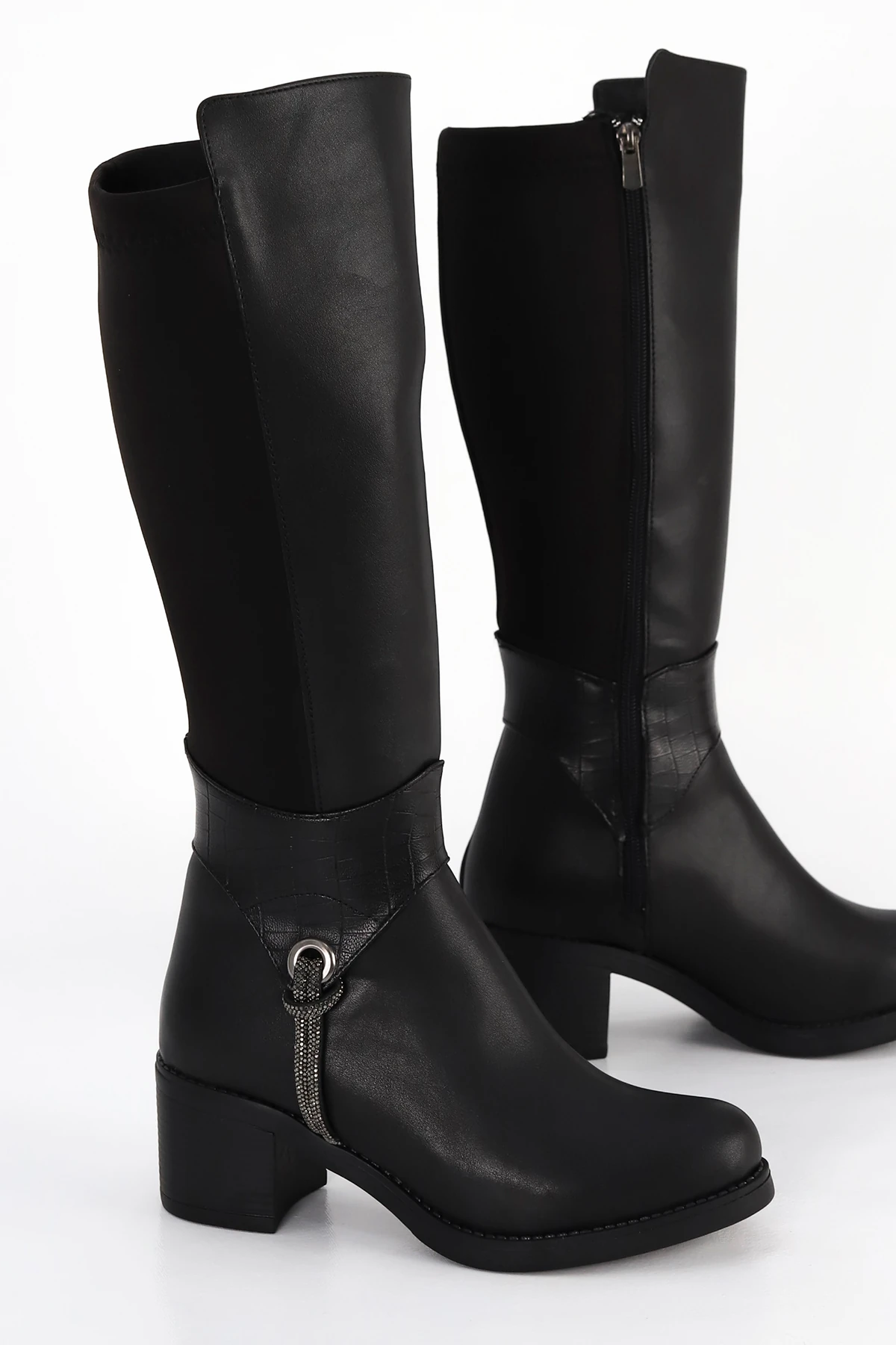 BLN 711 Taş Detaylı Arka Streç Diz Altı Çizme