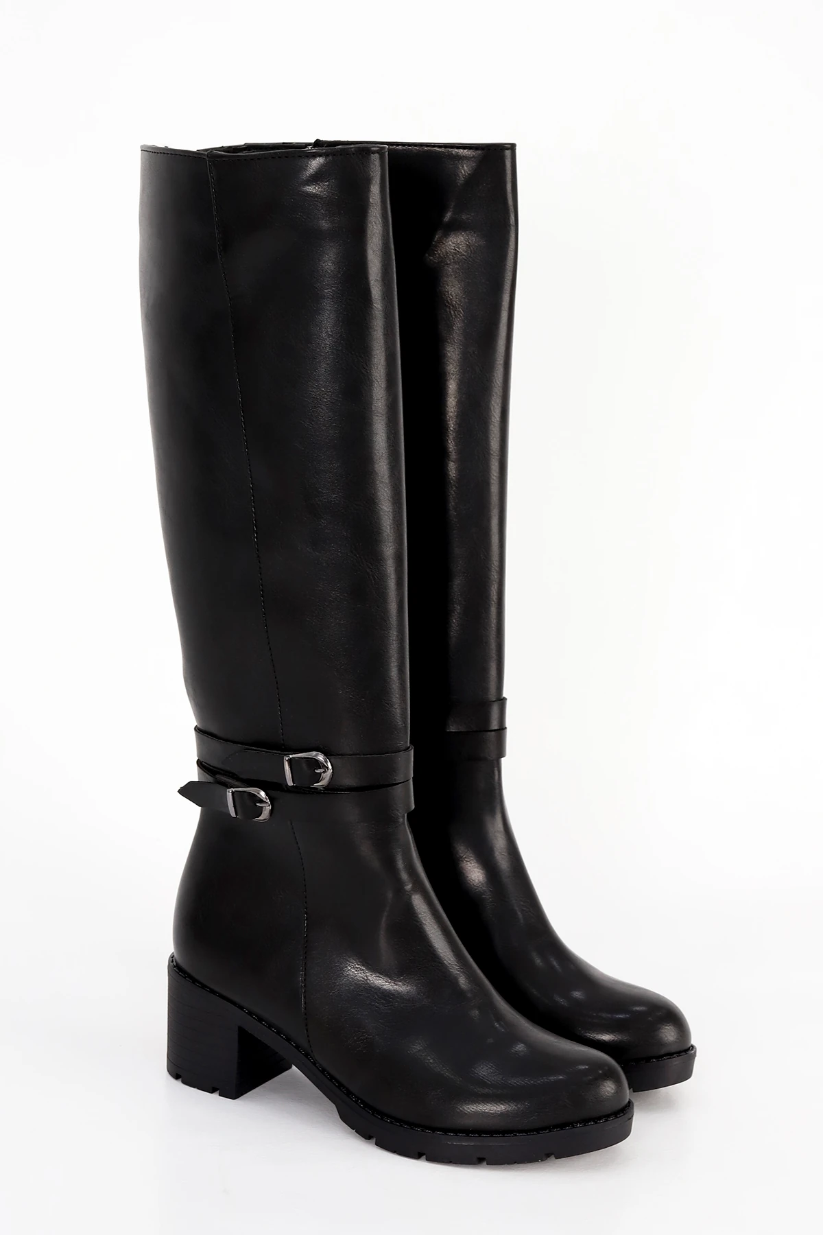 BLN 746 Çift Toka Detaylı Diz Altı Çizme - SİYAH-DERİ