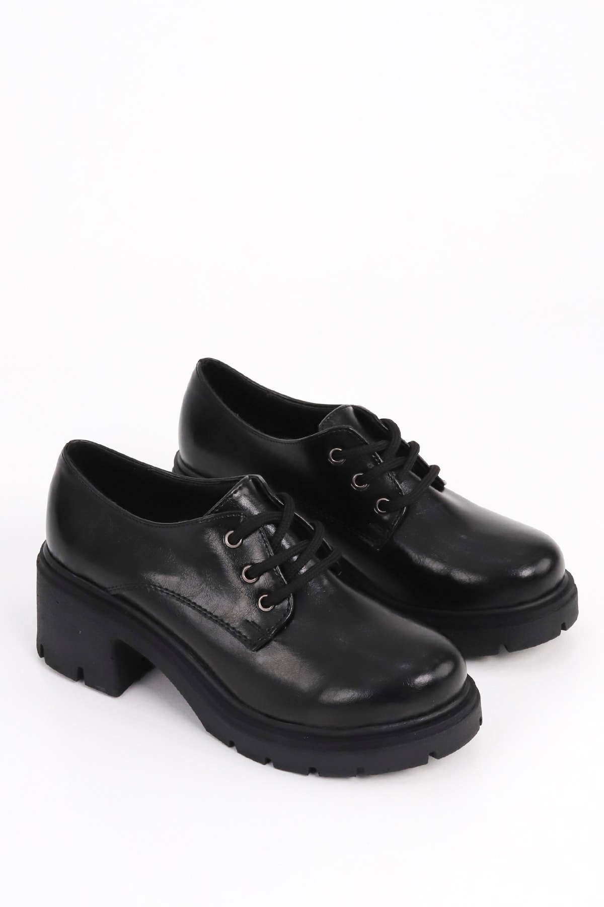 JVL 707 Bağcıklı Topuklu Loafer - SİYAH-DERİ