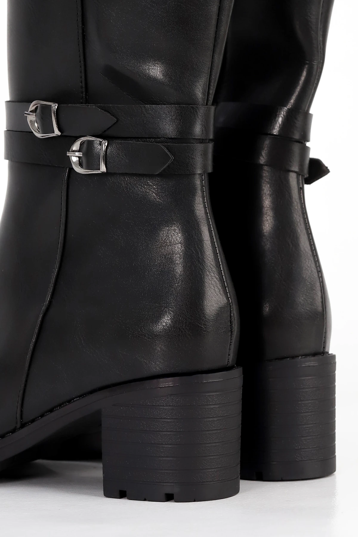 BLN 746 Çift Toka Detaylı Diz Altı Çizme - SİYAH-DERİ