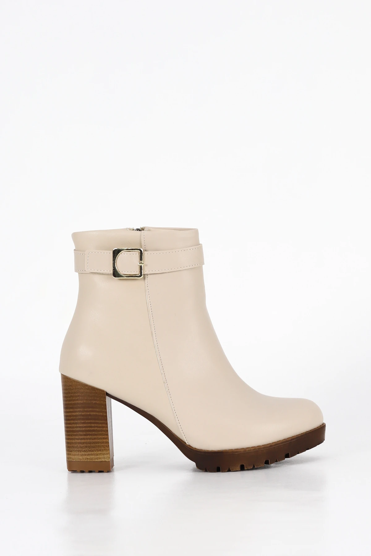 BLN ST535 Kemer Toka Detaylı Yüksek Topuklu Yarım Bot - TEN DERİ