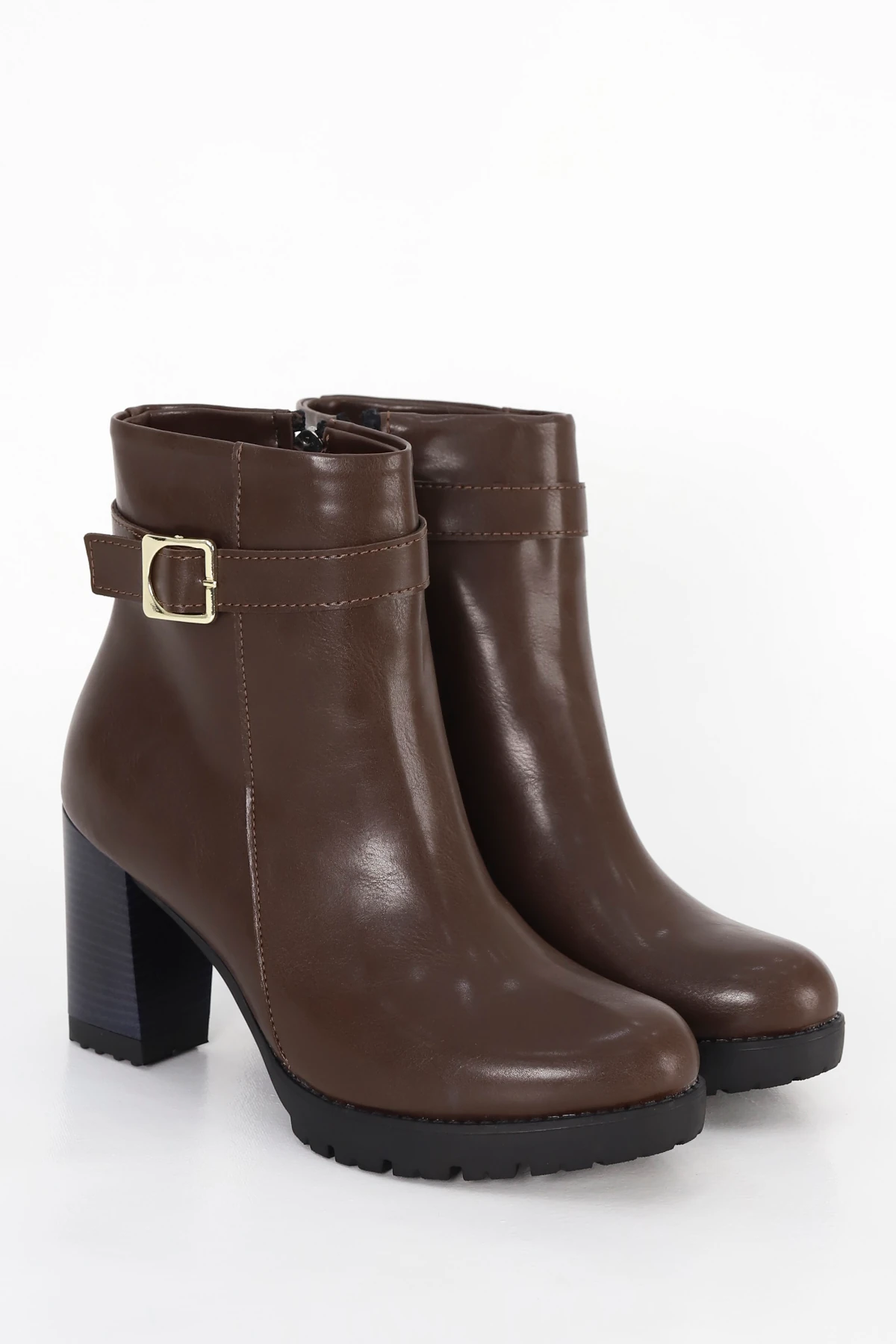 BLN ST535 Kemer Toka Detaylı Yüksek Topuklu Yarım Bot - KAHVE-DERİ