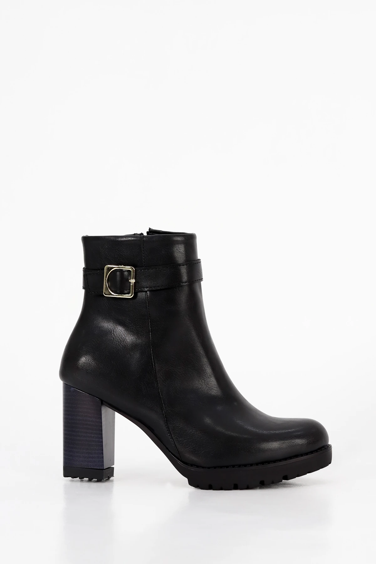 BLN ST535 Kemer Toka Detaylı Yüksek Topuklu Yarım Bot - SİYAH-DERİ