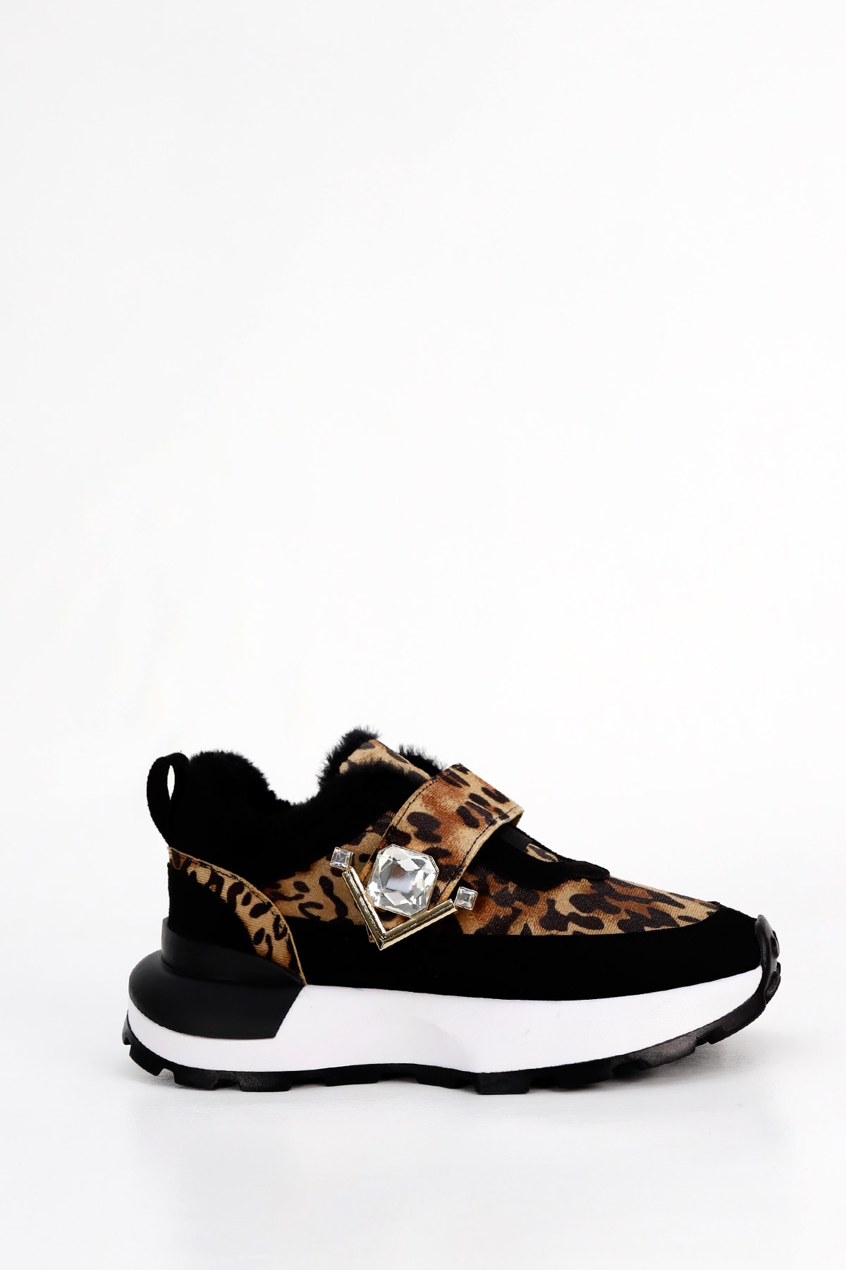 PRNS 181 Taş Detay Leopar Desen Tabanlı Spor Ayakkabı - SİYAH LEOPAR