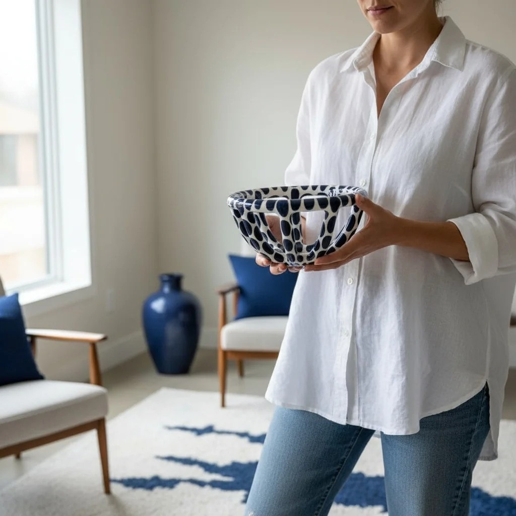 Blue Spotted Ceramic Basket