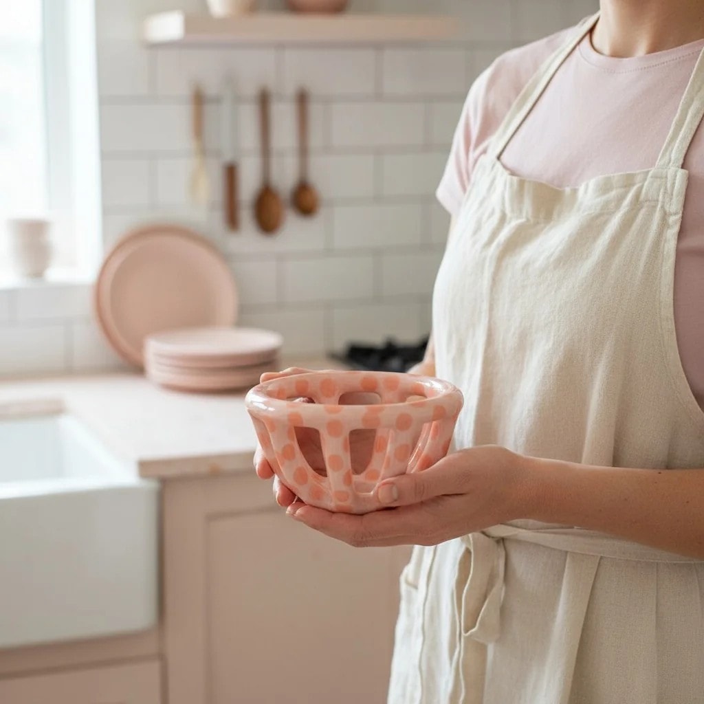 Pink Spotted Ceramic Basket