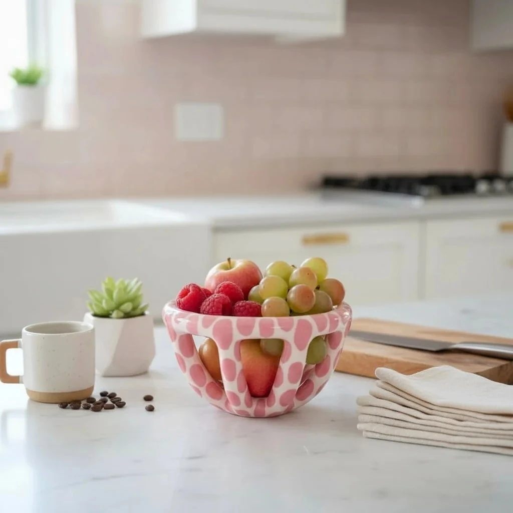 Pembe Benekli Seramik Sepet