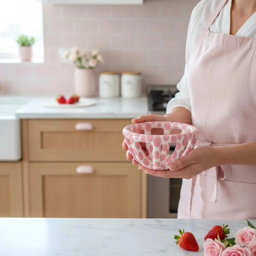 Pembe Benekli Seramik Sepet