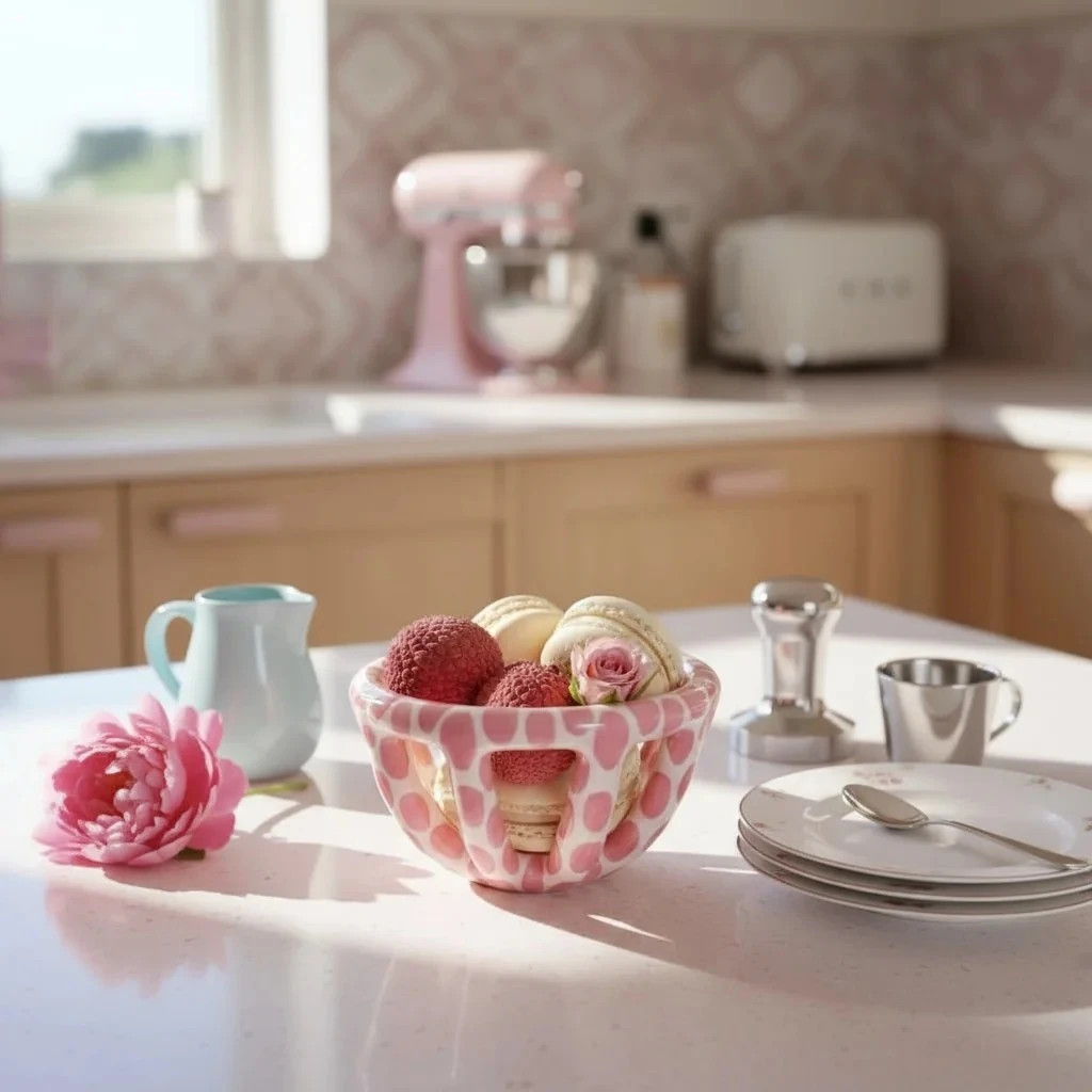 Pembe Benekli Seramik Sepet