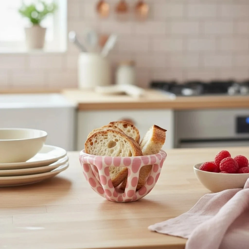 Pembe Benekli Seramik Sepet