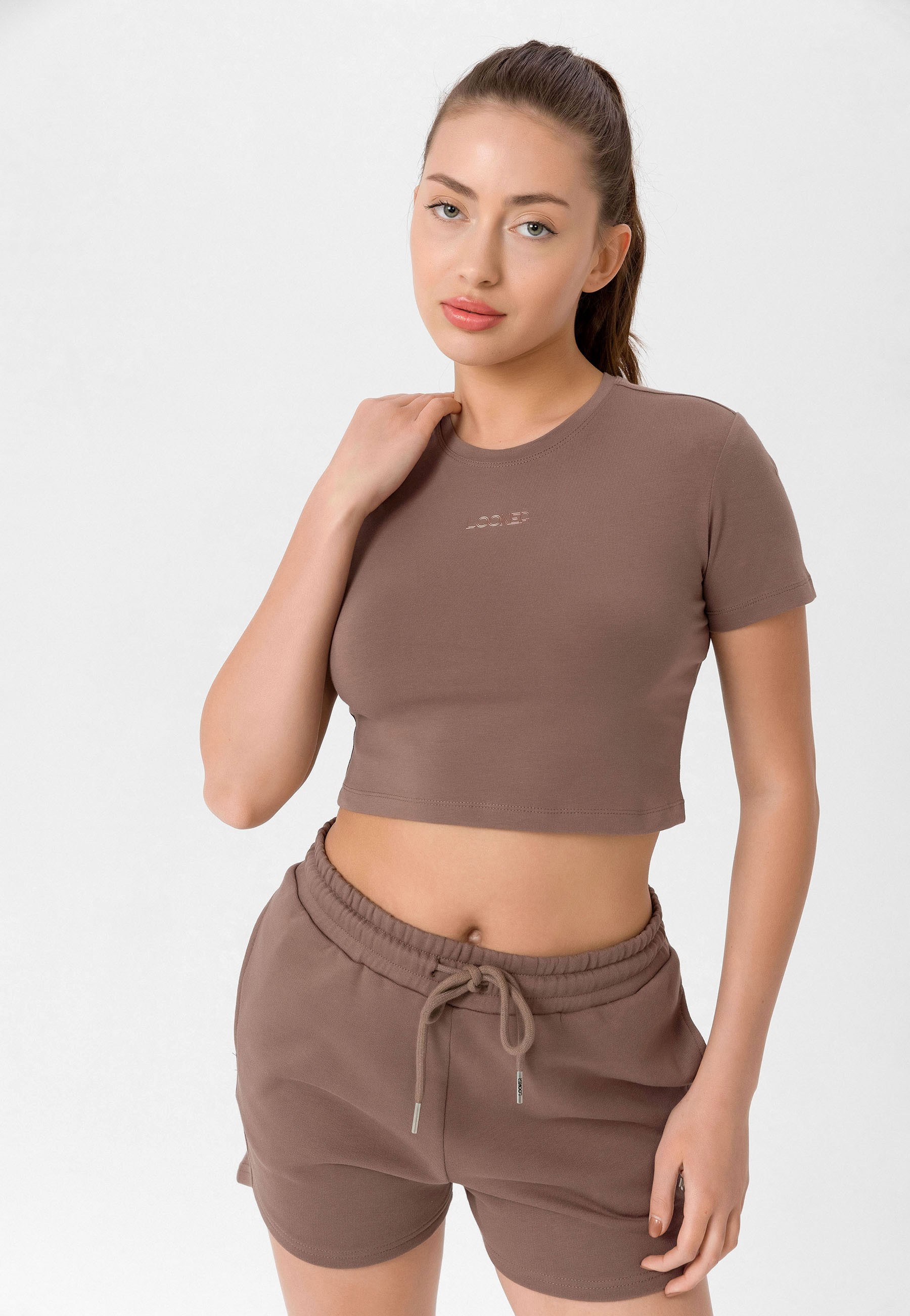 Kadın Slim Fit Crop T-Shirt - Kahverengi