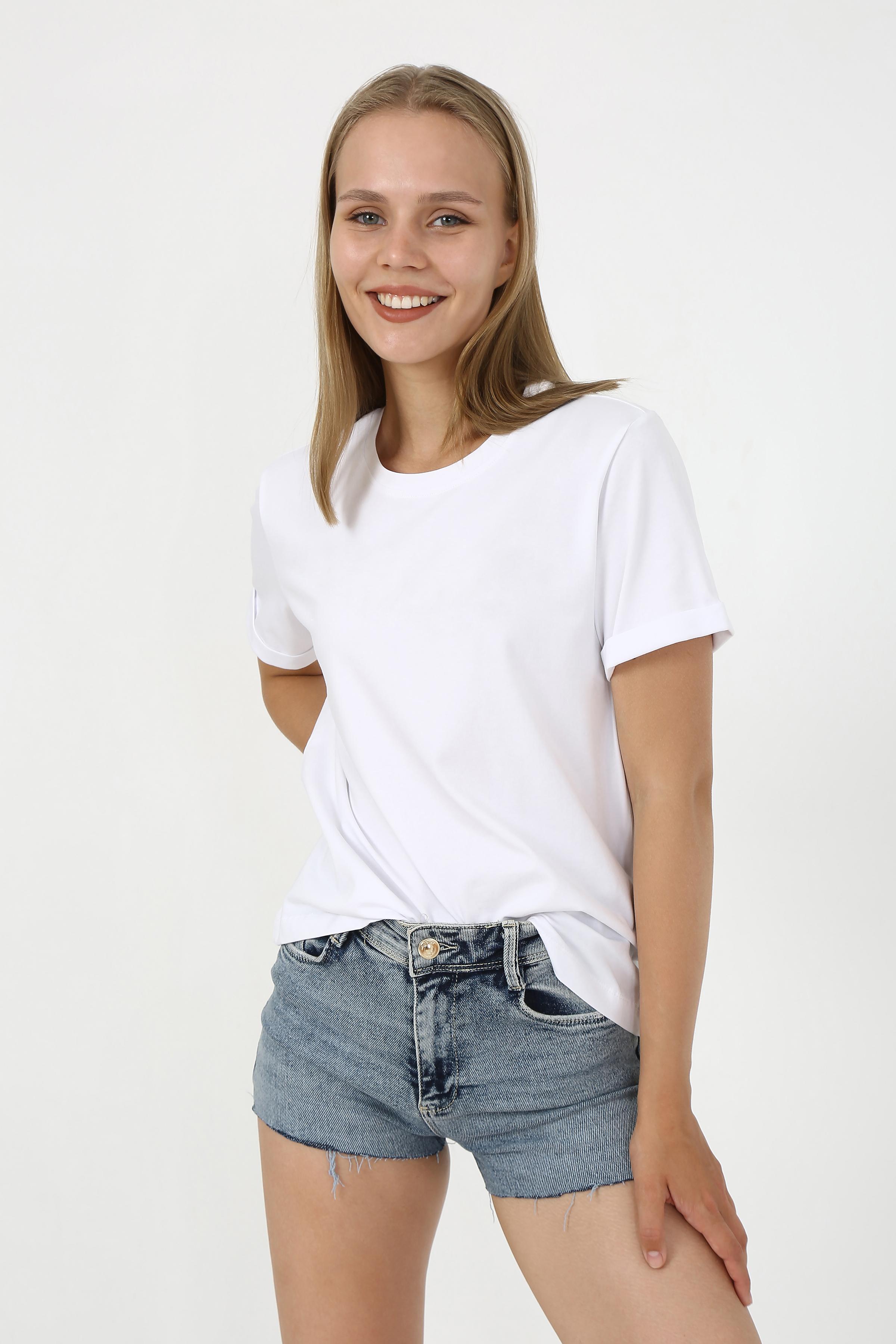 Kadın Duble Kol Regular Fit T-Shirt - Beyaz