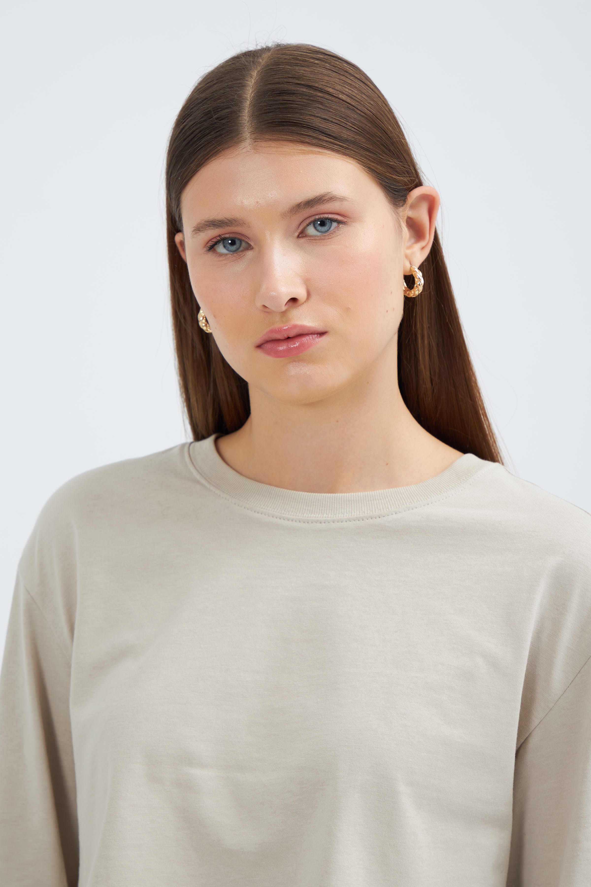 Kadın Crop Oversize Uzun Kol T-Shirt 2024545 - Krem