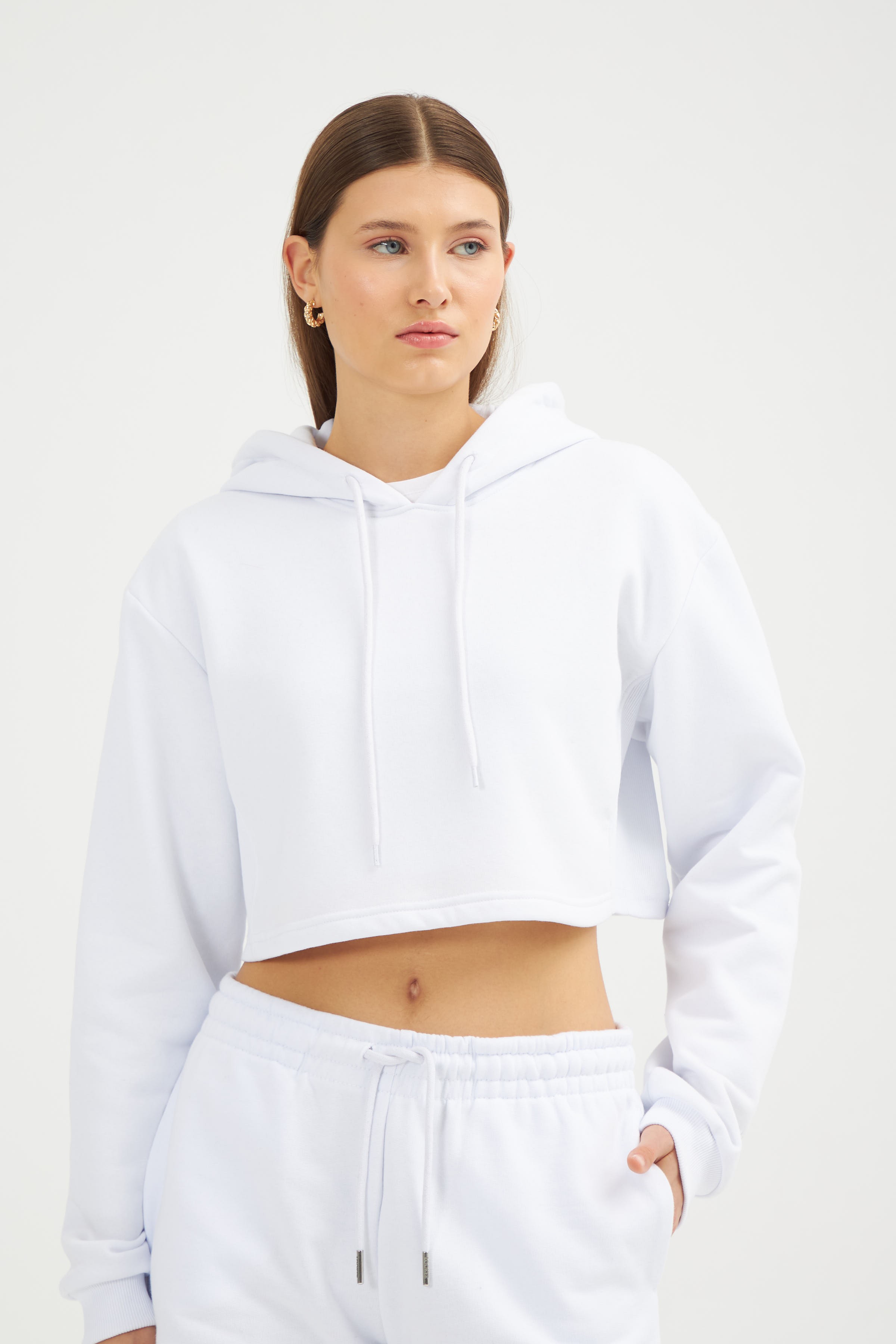Kadın Crop Kapşonlu Sweatshirts - Hoodie 2024523 - Beyaz