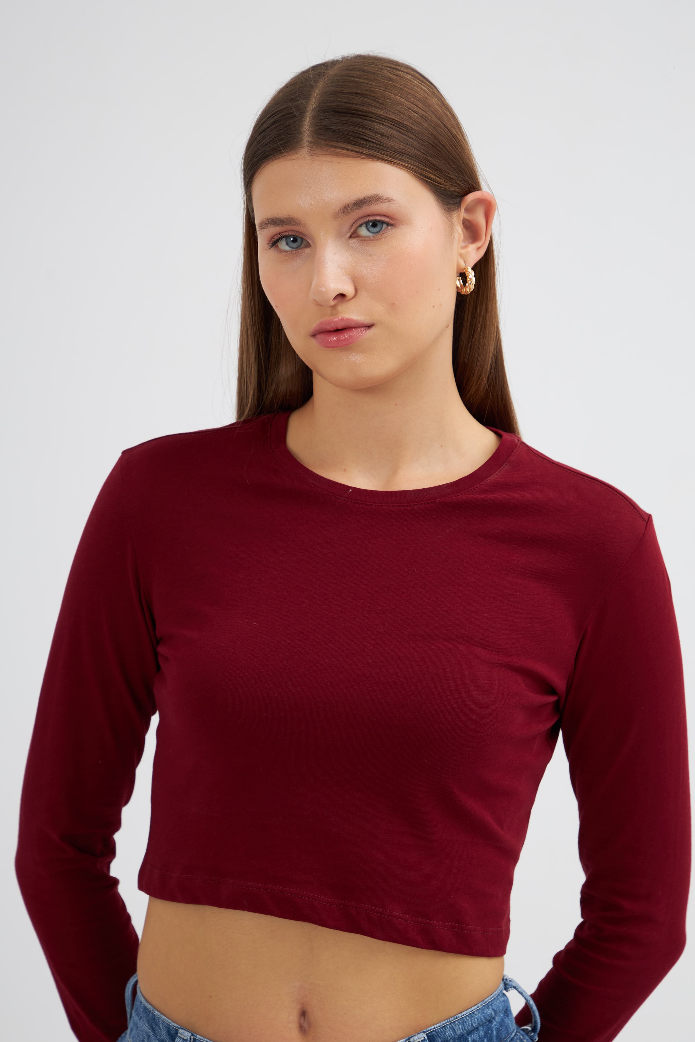 Kadın Crop Uzun Kol Slim Fit T-Shirt 2024547 - Bordo