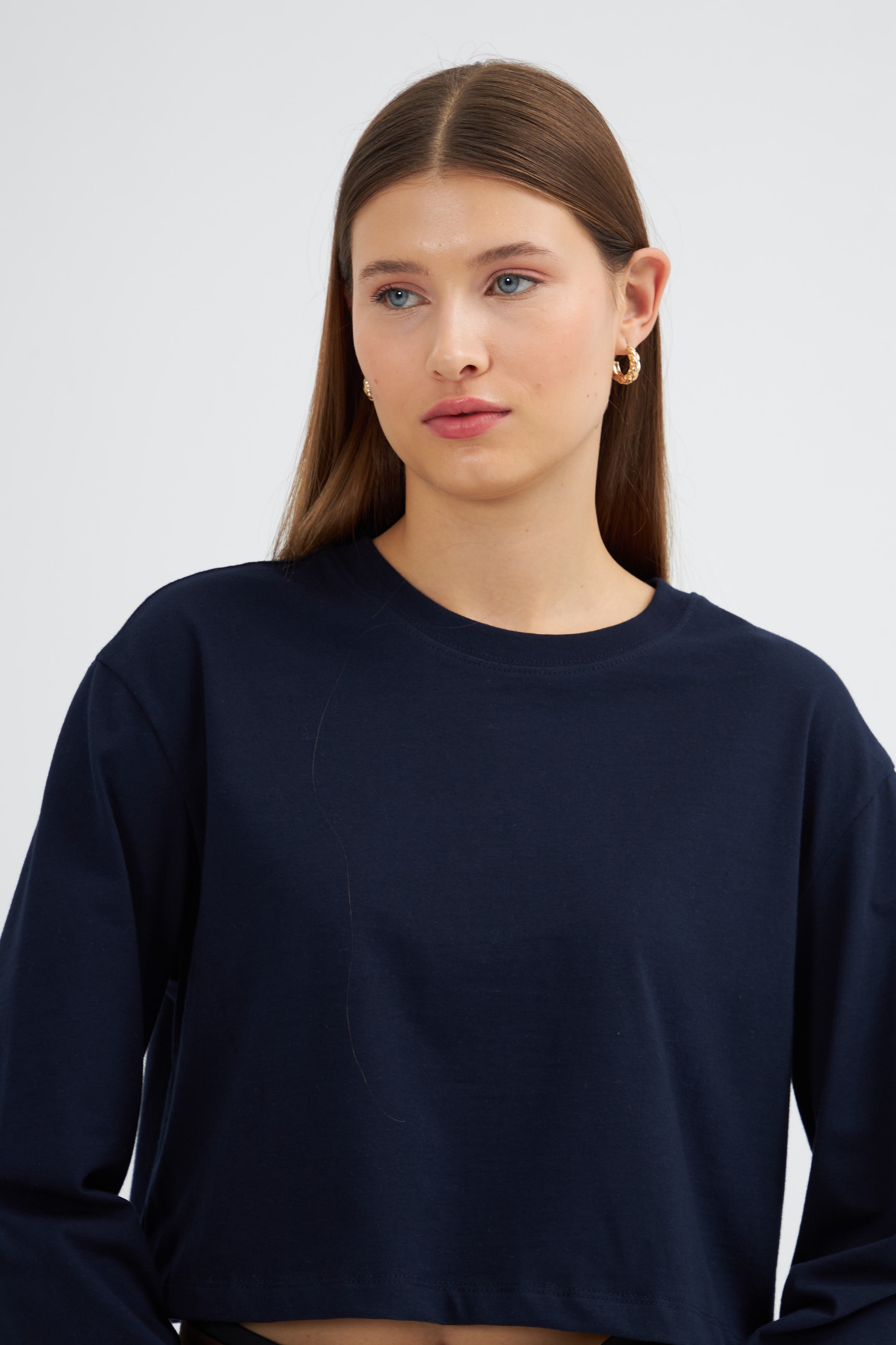 Kadın Crop Oversize Uzun Kol T-Shirt 2024545 - Lacivert