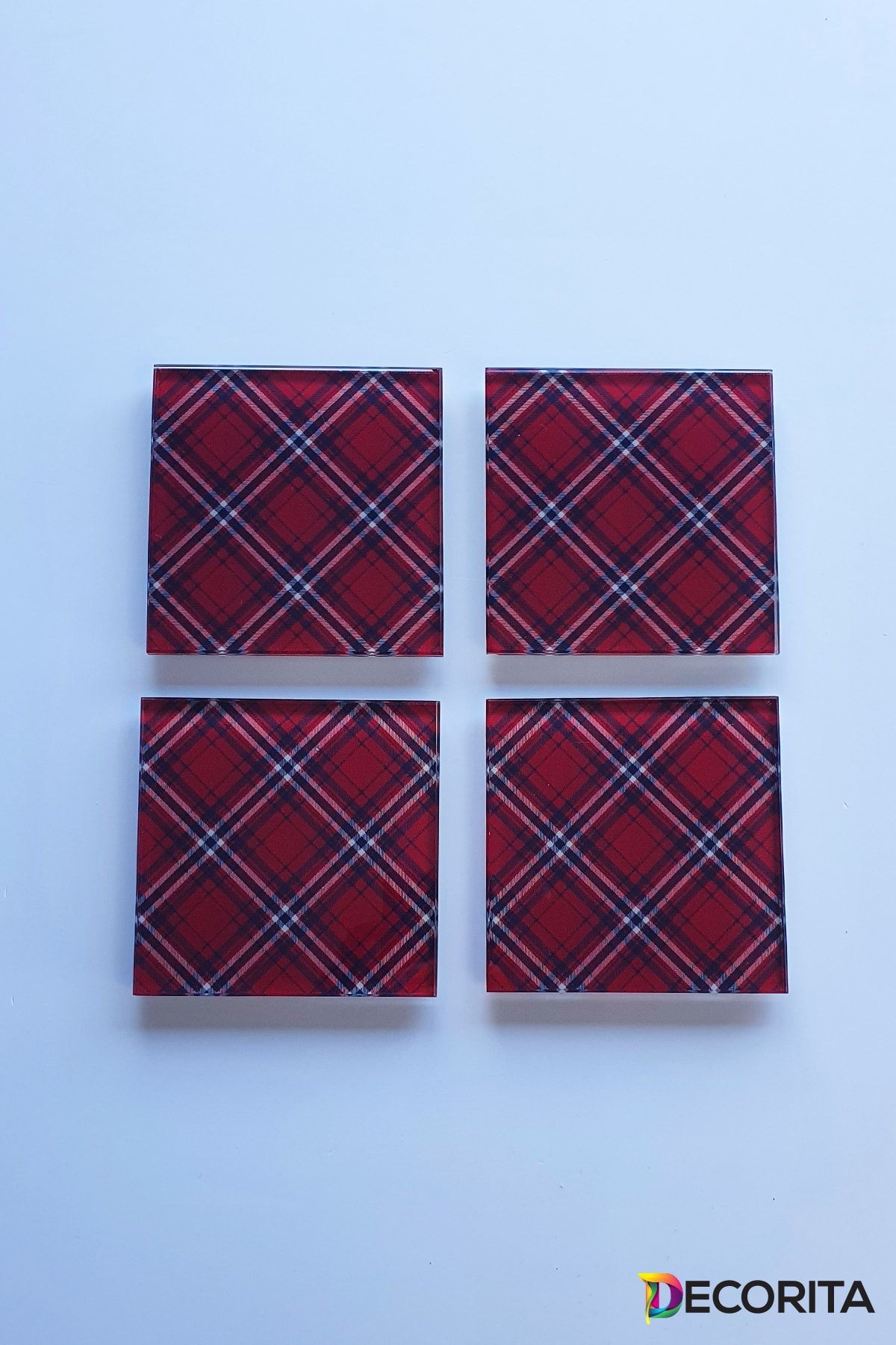 Cam Bardak Altlığı | 4'lü Takım Kırmızı- Beyaz Ekose Desen | 10cm X 10cm