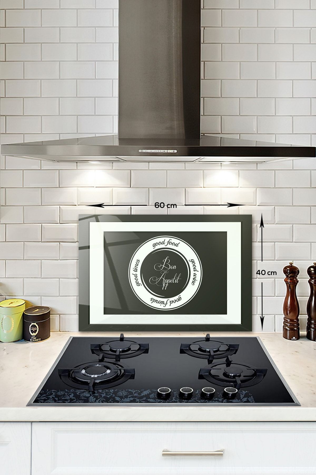 Cam Ocak Arkası Koruyucu | Good Food - Siyah Fon | 40cm X 60cm
