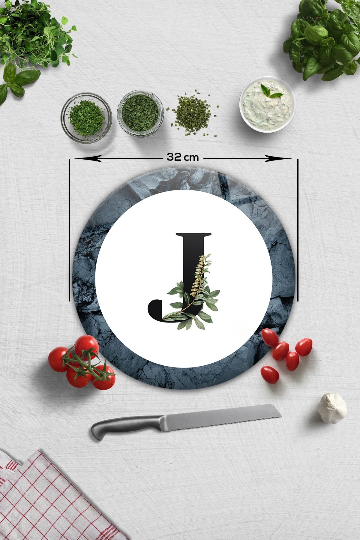 Cam Kesme Tahtası - Cam Kesme Tablası | Harfli Tasarım | J | Çap32cm
