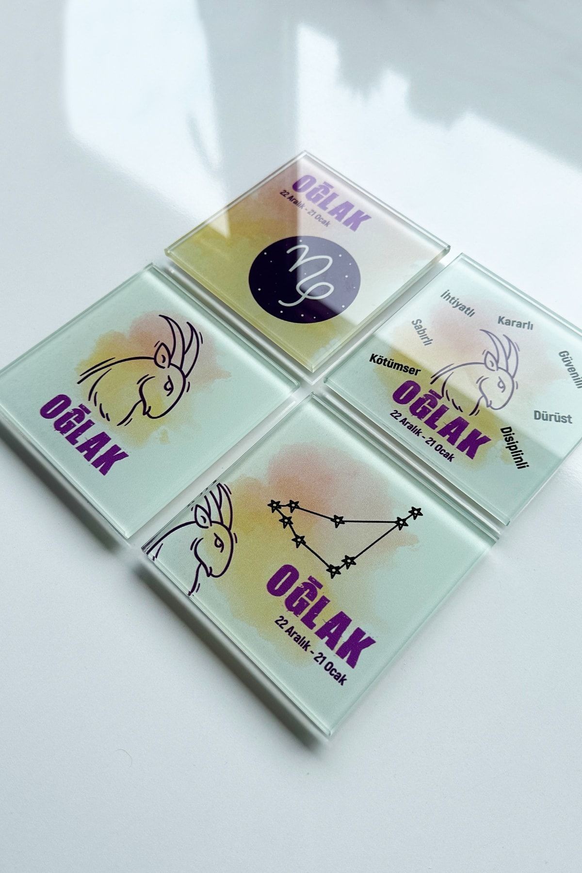 Cam Bardak Altlığı | Burçlar - Oğlak Burcu | 4'lü Takım | 10cm X 10cm