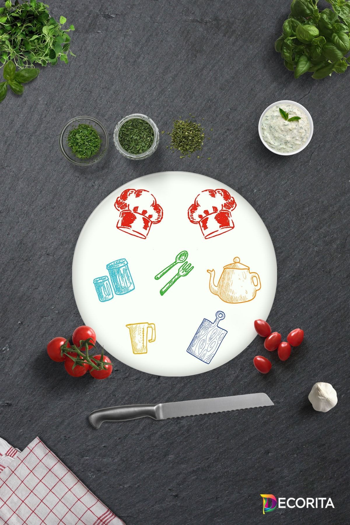 Renkli Tahta | Cam Kesme Tahtası - Cam Kesme Tablası | Beyaz Fon | Çap32 Cm