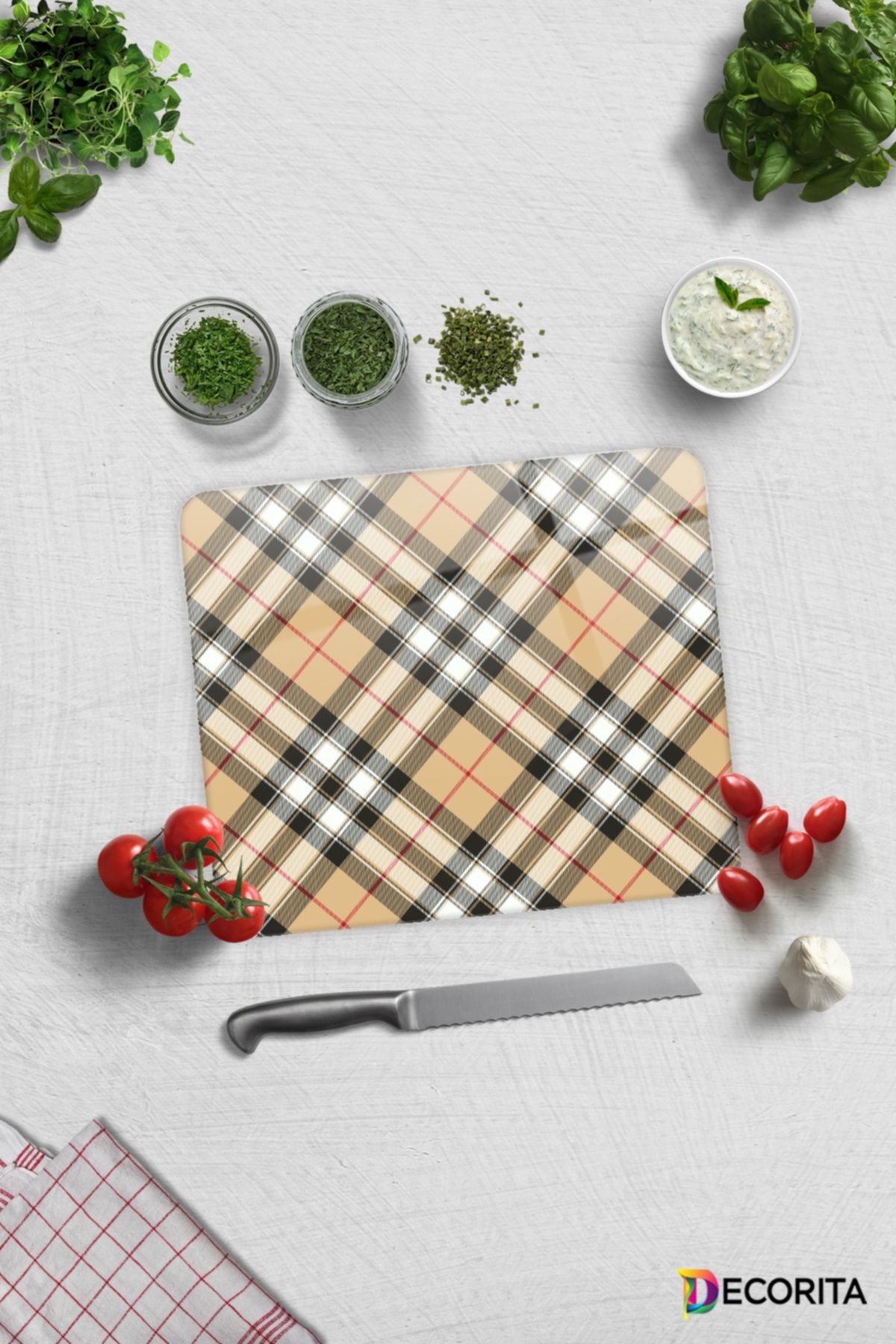 Cam Kesme Tahtası - Cam Kesme Tablası | Krem Ekose Desen | 29cm X 34cm
