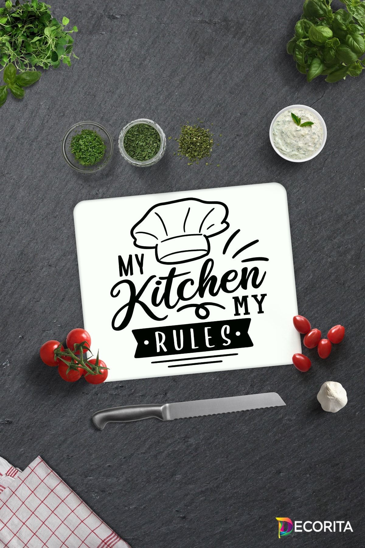 My Kitchen My Rules | Cam Kesme Tahtası - Cam Kesme Tablası | Beyaz Fon | 29cm X 34cm