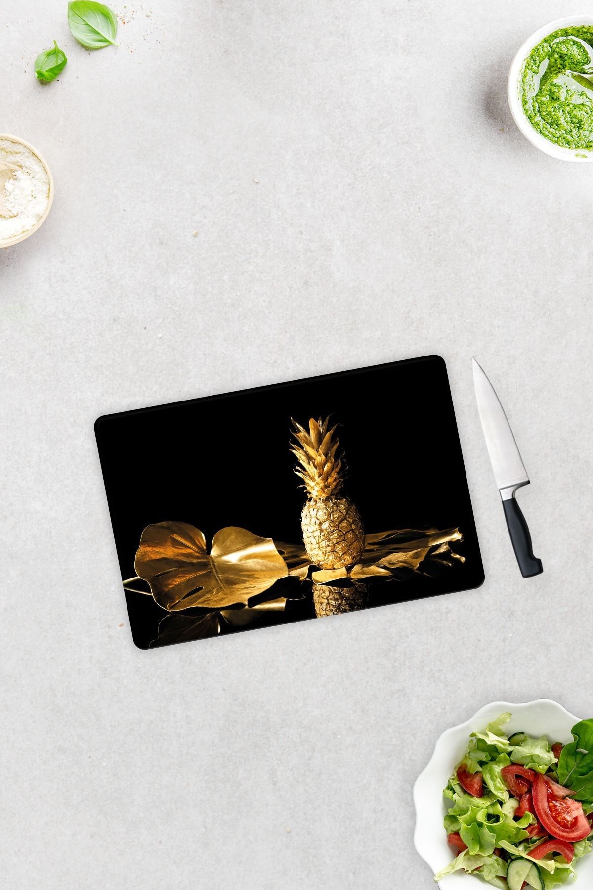 Altın Ananas | Cam Kesme Tahtası - Cam Kesme Tablası | 20cm X 30cm