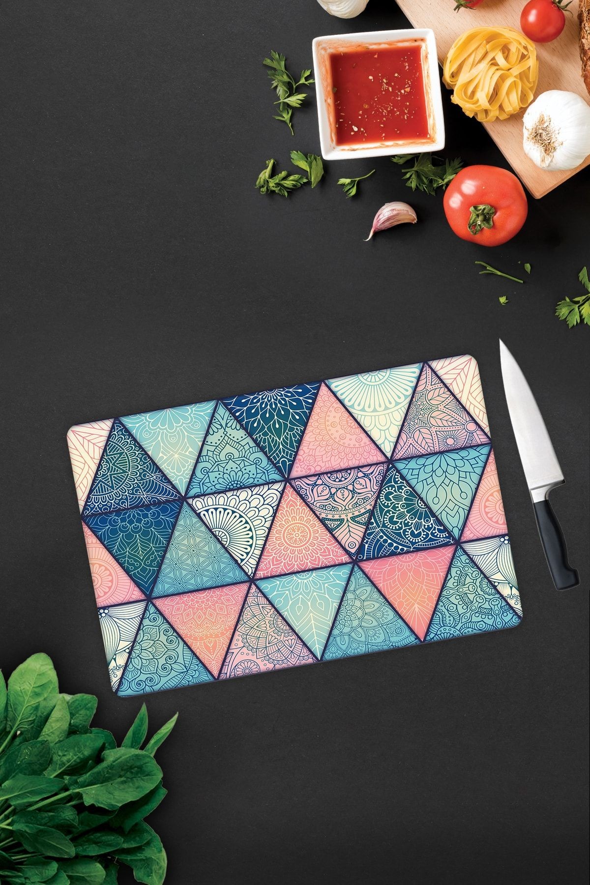 Renkli Mandala Desenli | Cam Kesme Tahtası - Cam Kesme Tablası | 20 cm x 30 cm